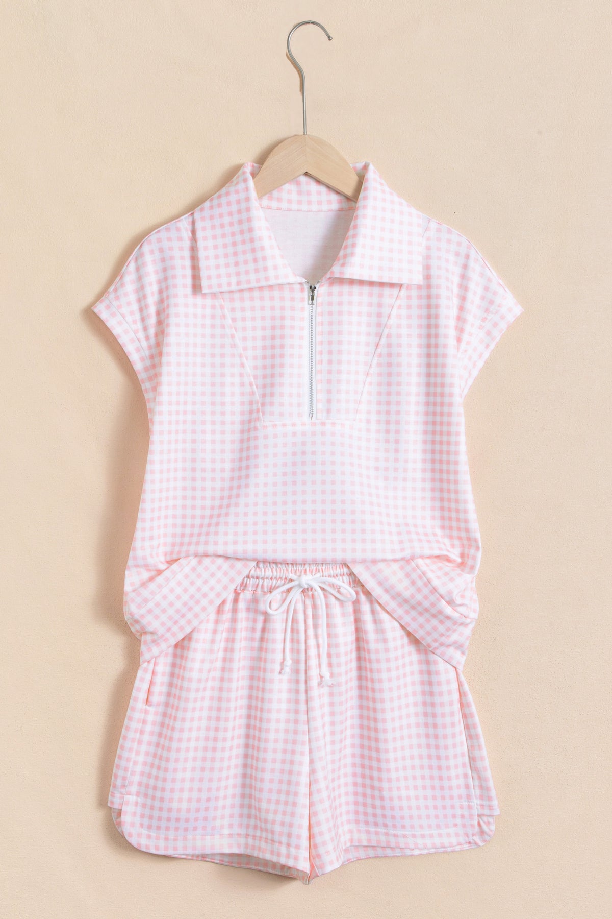 Women's Pink Plaid Zip Neck Sleeveless Top Shorts Two-Piece Shorts Two-Piece Set