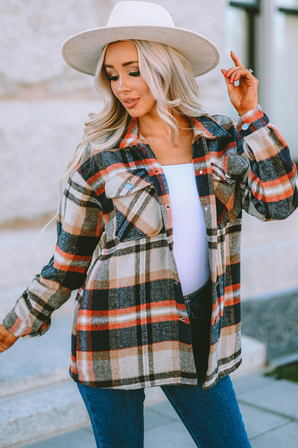Pink Geometric Plaid Print Pocketed Shacket