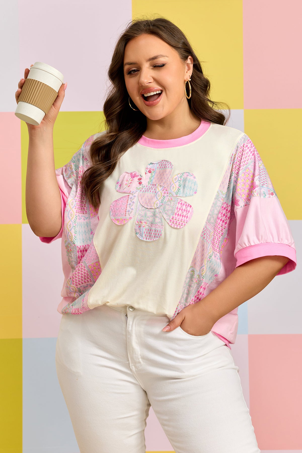 Beige Plus Size Floral Patchwork Short-Sleeve Patch Embroidery Cotton T-Shirt