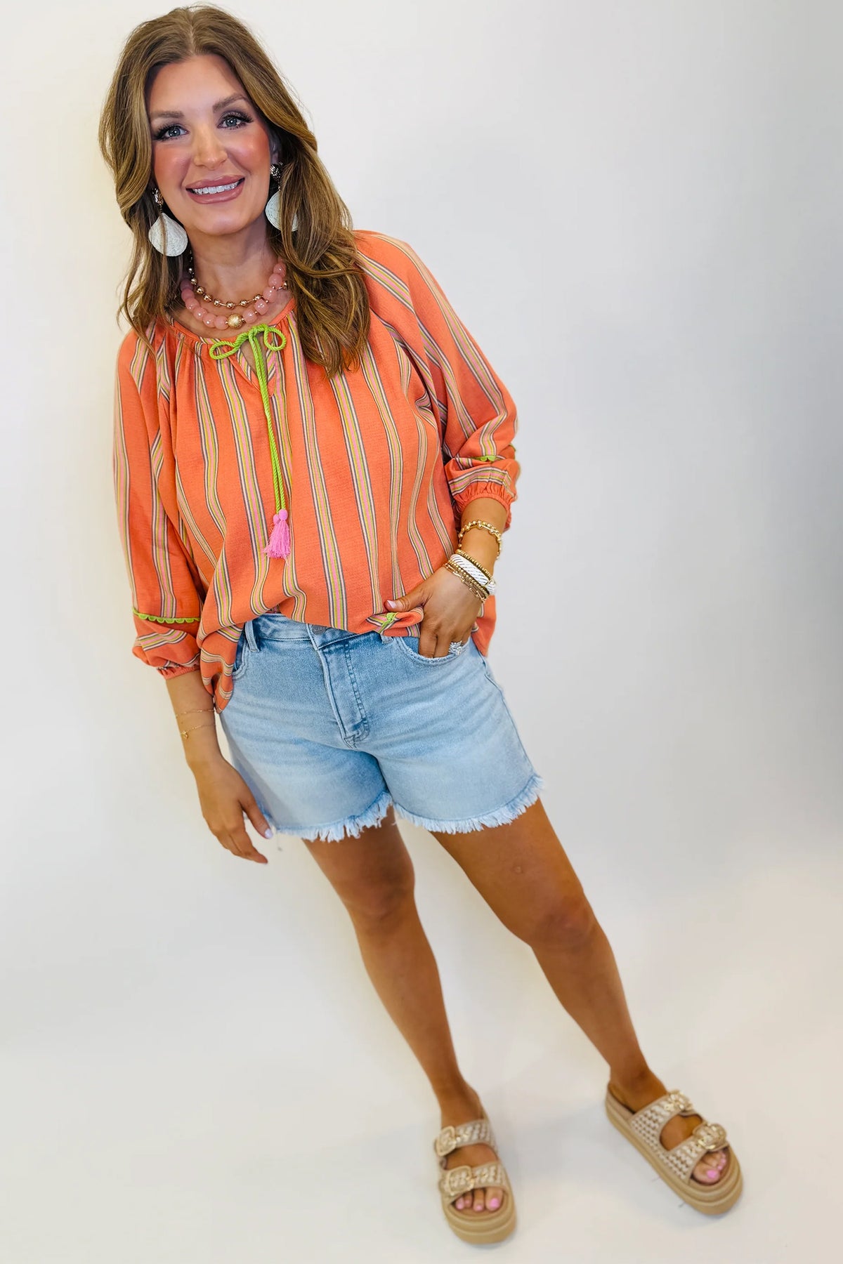 Orange Stripe Tassel Tie Neck Cotton Blouse