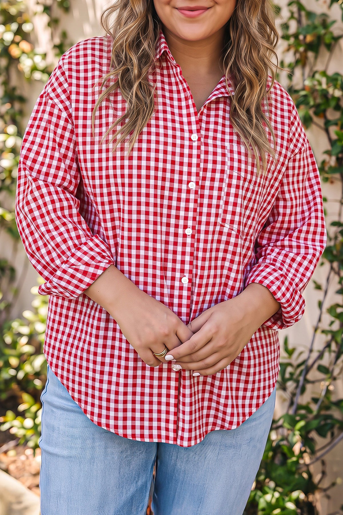Red Plaid V-Neck Long-Sleeve Tunic Loose Fit Plus Size Shirt