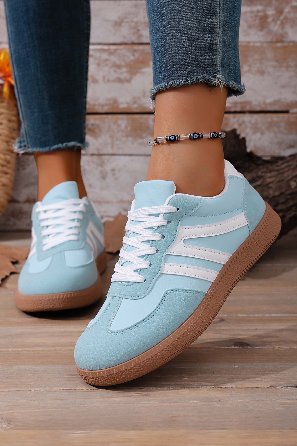 Dusk Blue Faux Suede PU Leather Color Block Patchwork Lace-up Sneakers
