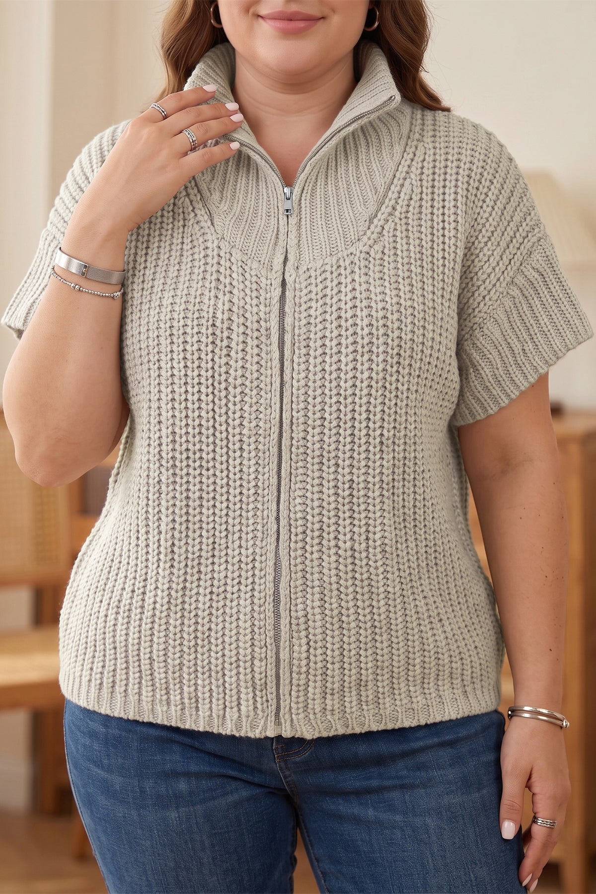 Jet Stream Plus Size Ribbed Knit Zip Up Tunic Sweater