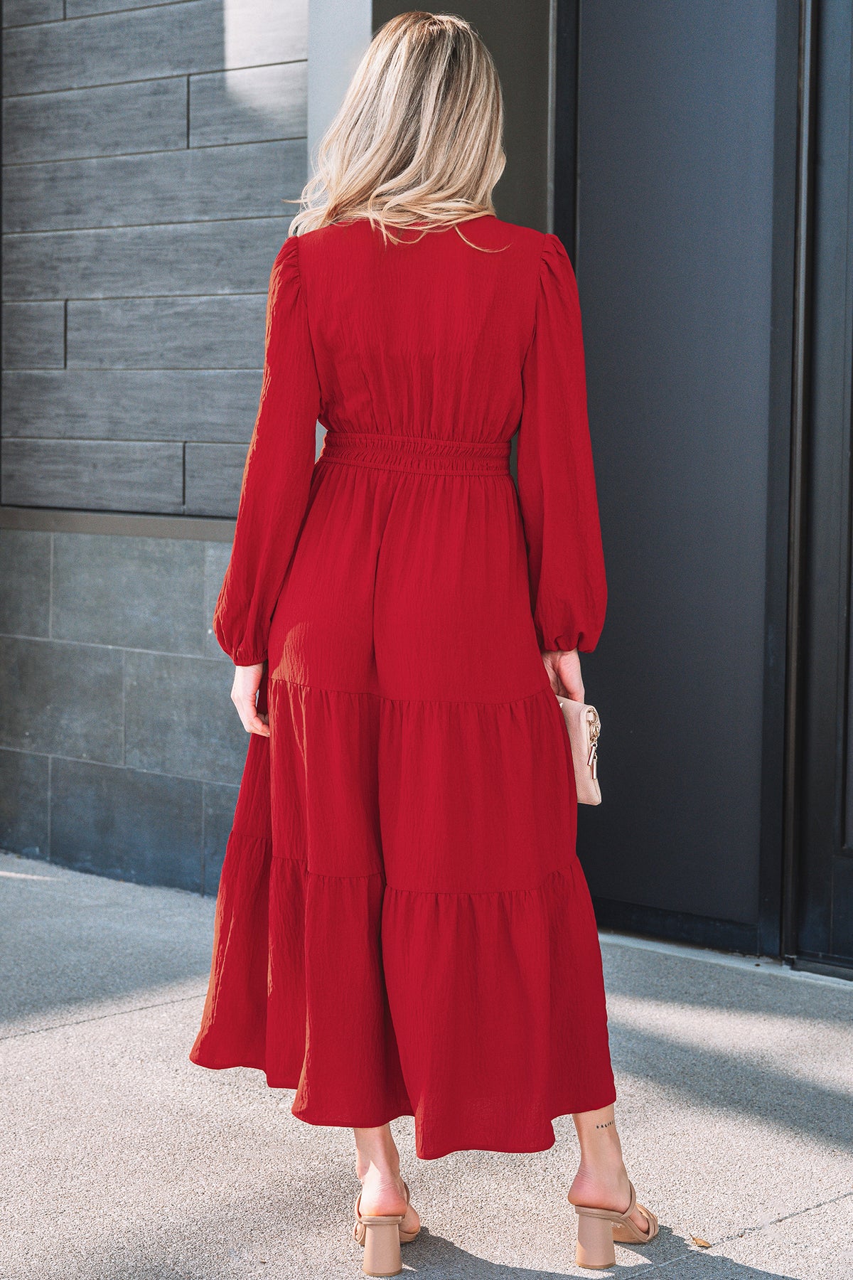 Racing Red Embroidered Cinched Waist Tiered Long Sleeve Maxi Dress