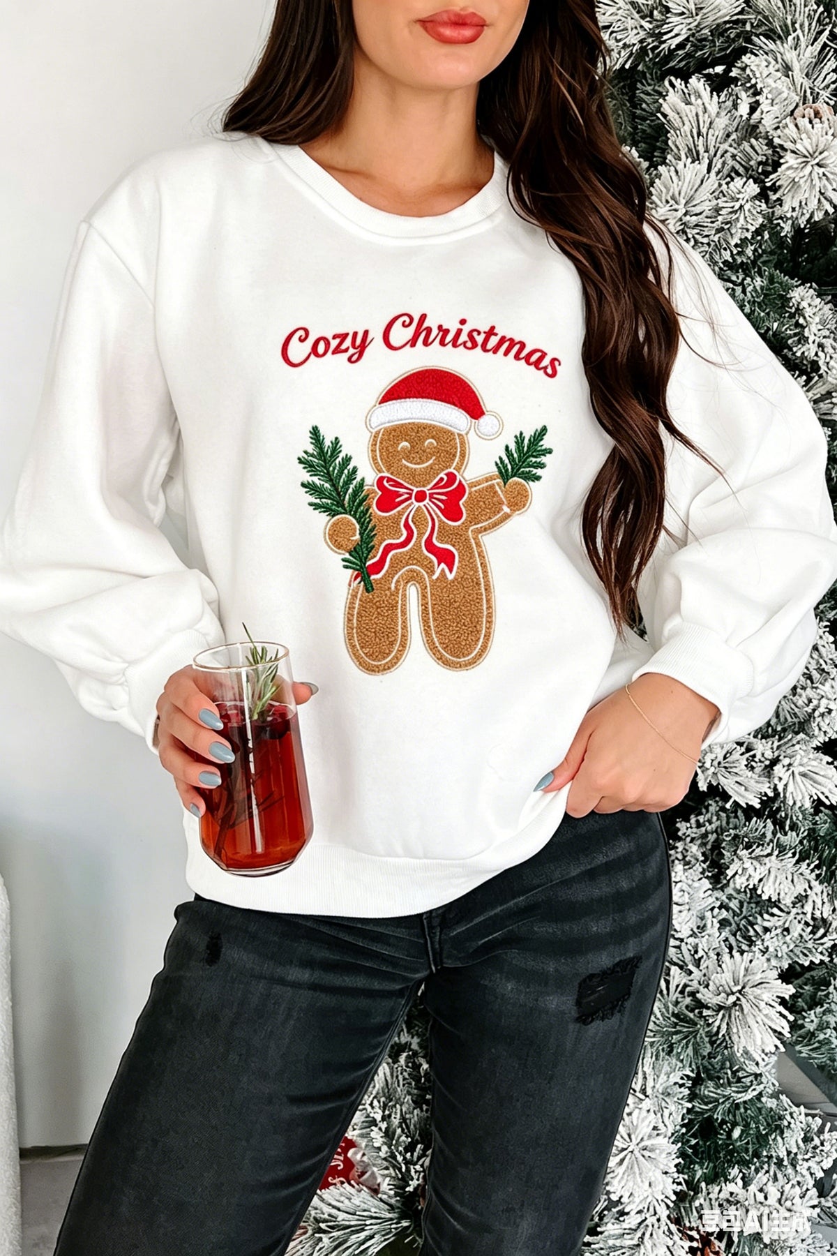 White Embroidered Gingerbread Christmas Long Sleeve Sweatshirt