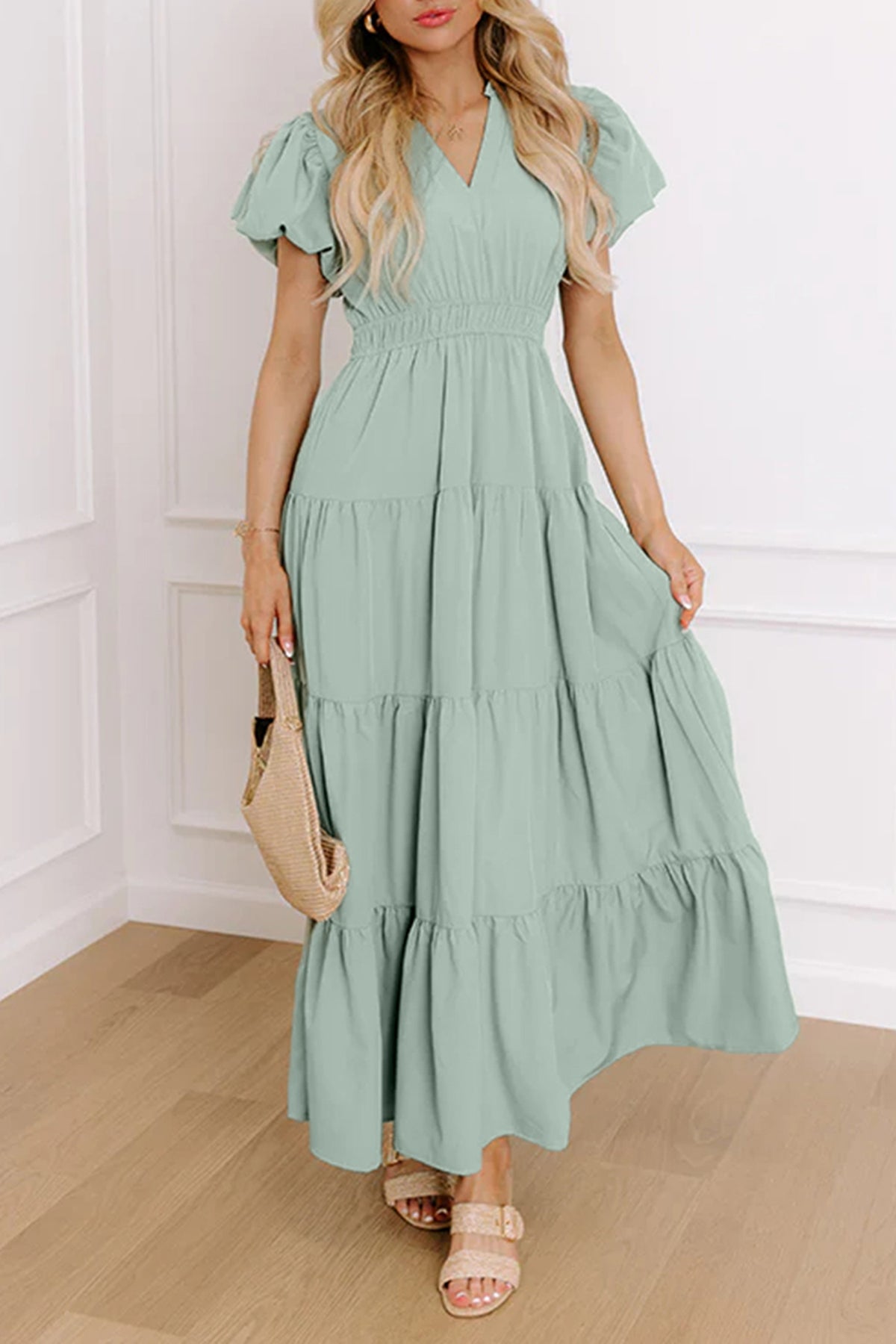 Green V-Neck Maxi Dress