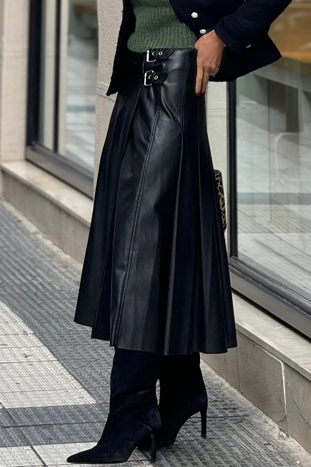 Black Faux Leather Retro Buckle Pleated Stitch Flared Midi Skirt