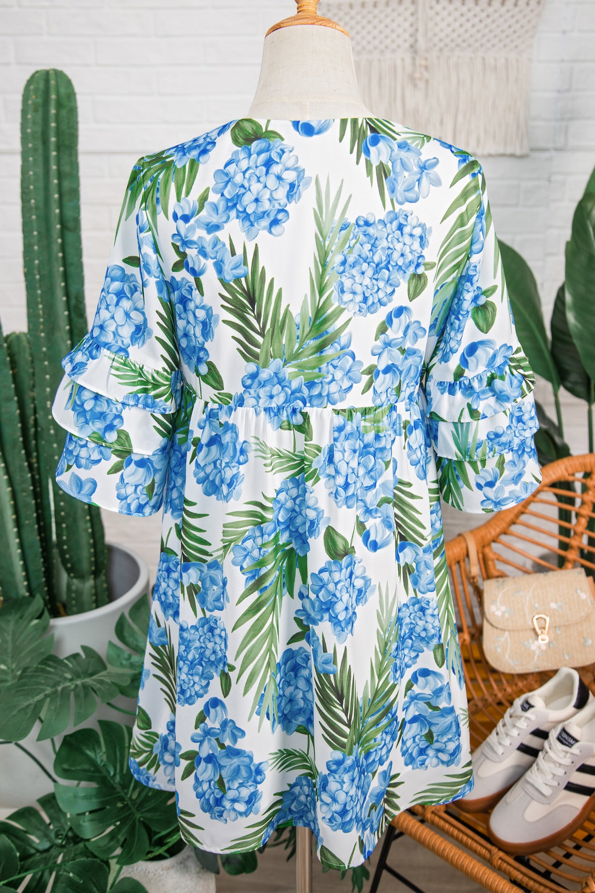Blue Floral Ruffle Bow Mini Dress