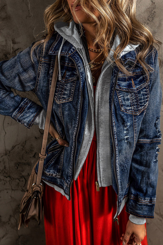 Dark Blue Faux Layered Hooded Zip-Up Denim Jacket