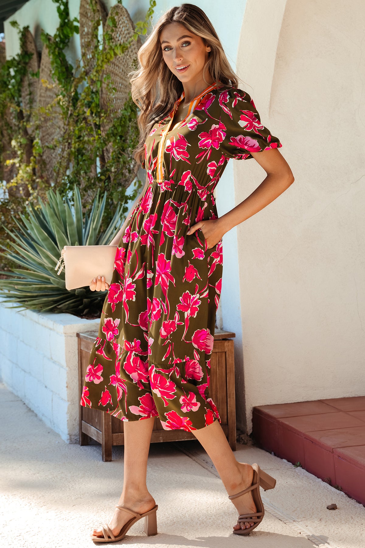 Green Floral Striped Split Neck Short Puff Sleeve Ruffle Hem Maxi Dress