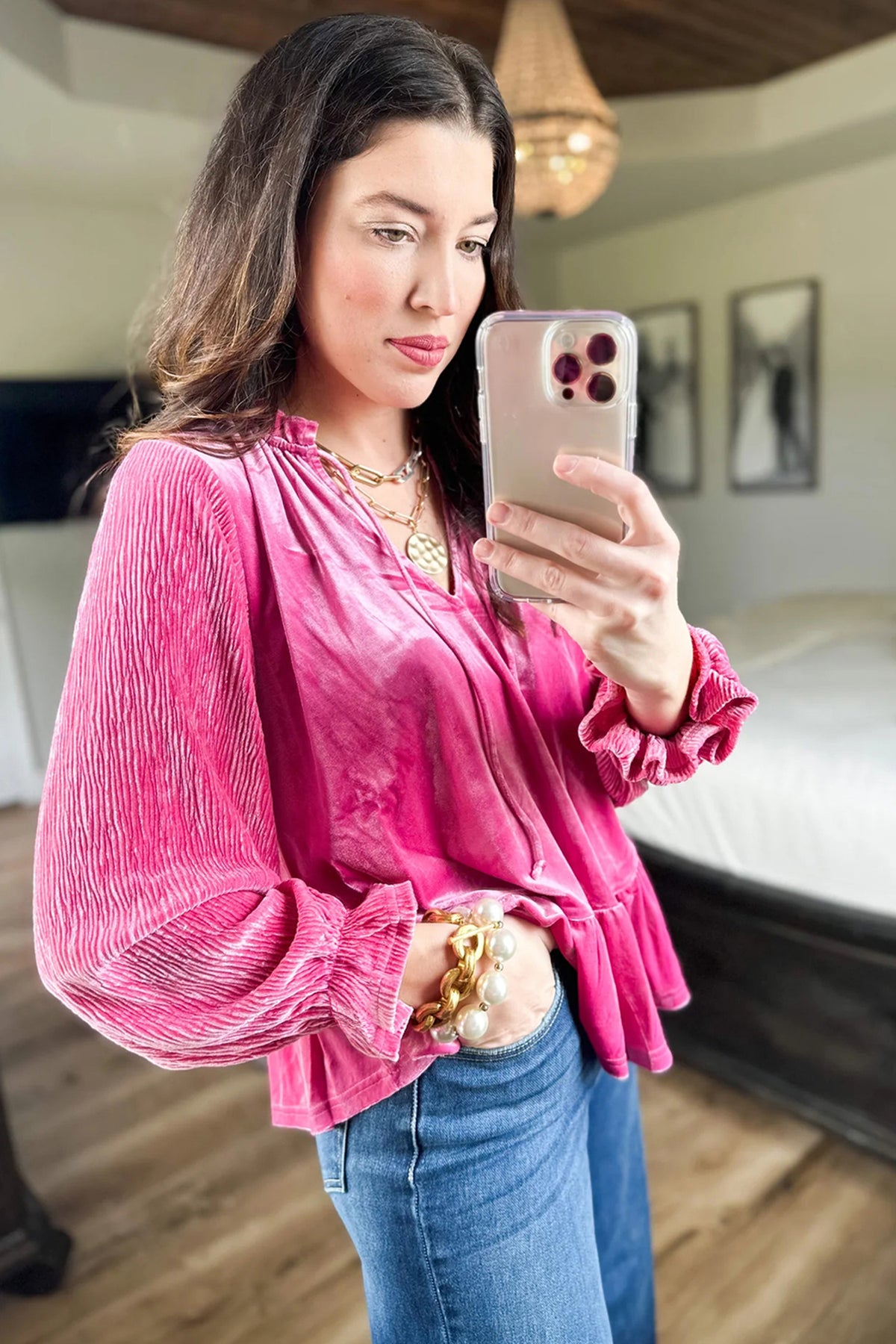 Strawberry Pink V Neck Velvet Ruffled Cuffs Hem Top