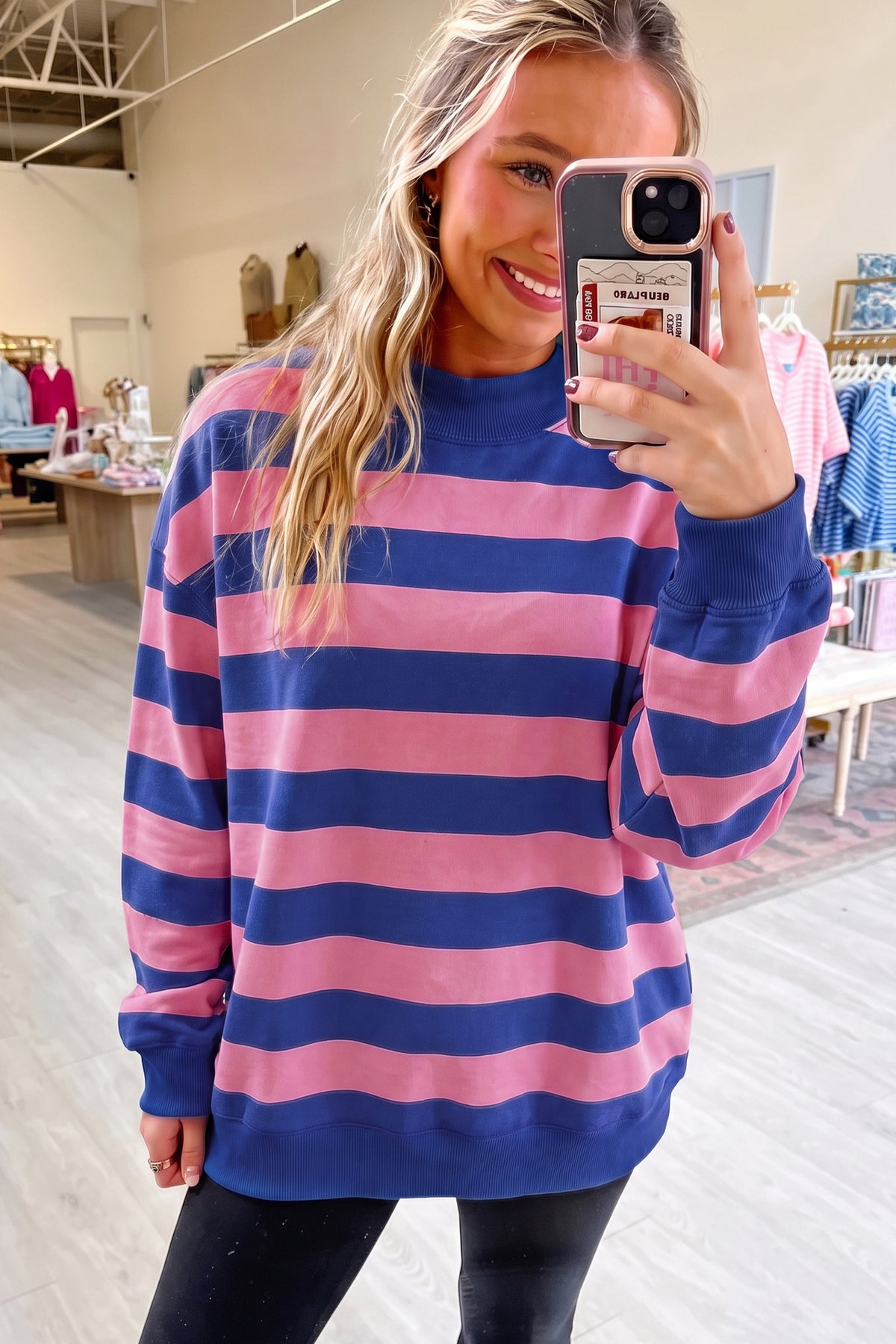 Orange Stripe Colorblock Mock Neck Sweatshirt