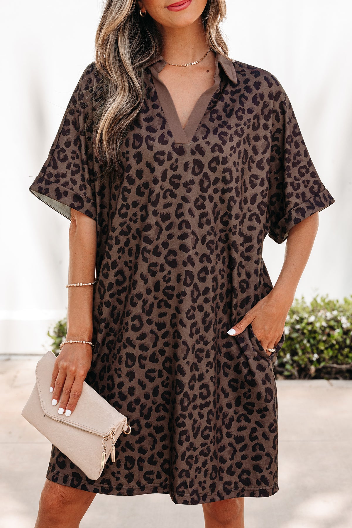 Brown Leopard Print Contrast Collar V Neck Mini Dress