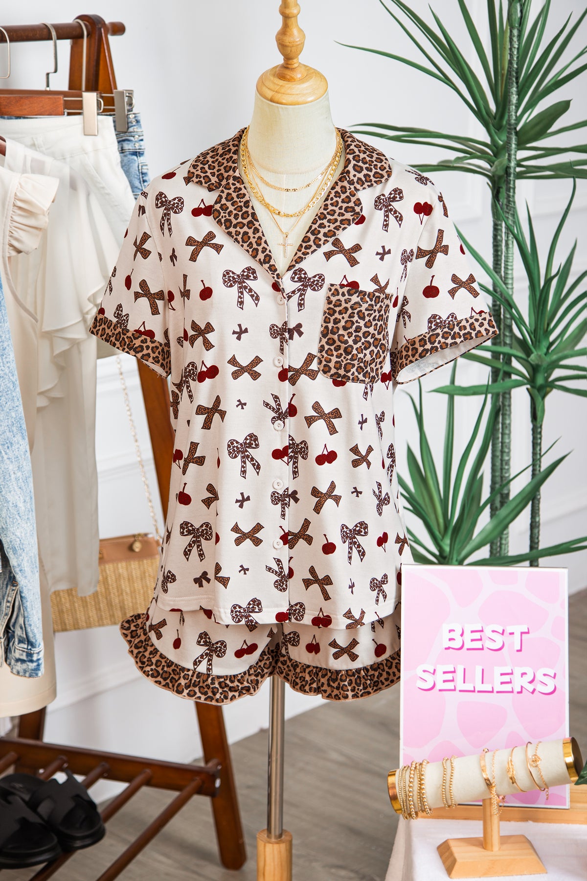 White Bow Cherry Leopard Patchwork Shirt and Shorts Pajama Set