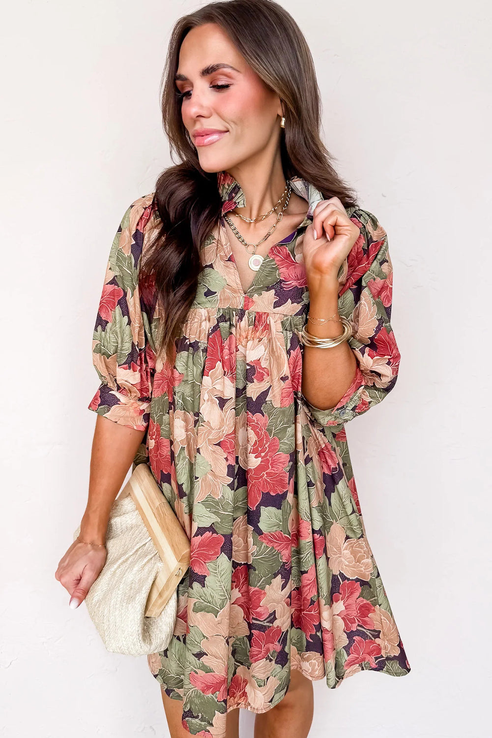Green Floral Print Frilled Collar V Neck Half Sleeve Mini Dress