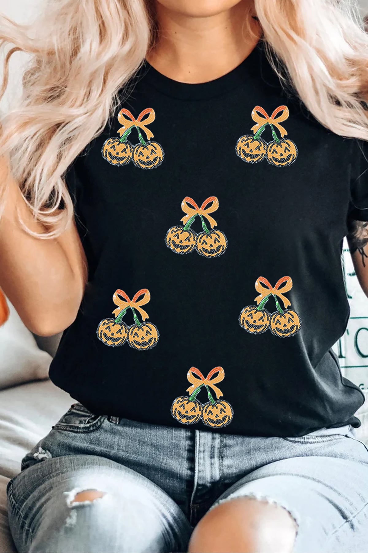 Black Sequin Pumpkin Cherry Graphic Round Neck Casual T-Shirt