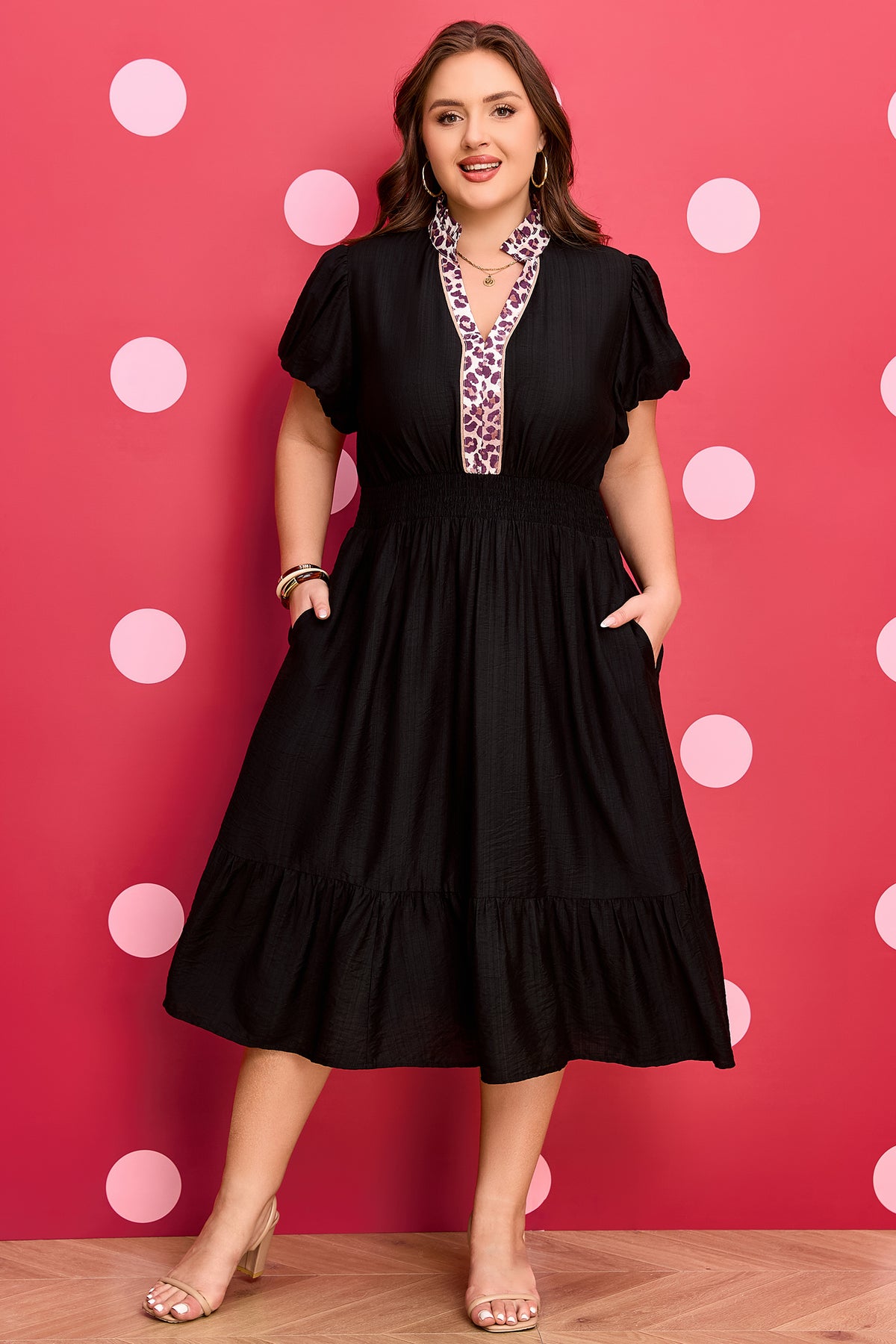 Black Leopard V-Neck Patchwork Smocked Waist Plus Size Ruffled Dress
