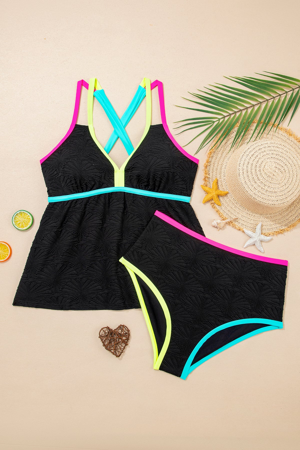 Black Floral-Texture Neon-Trim Tankini