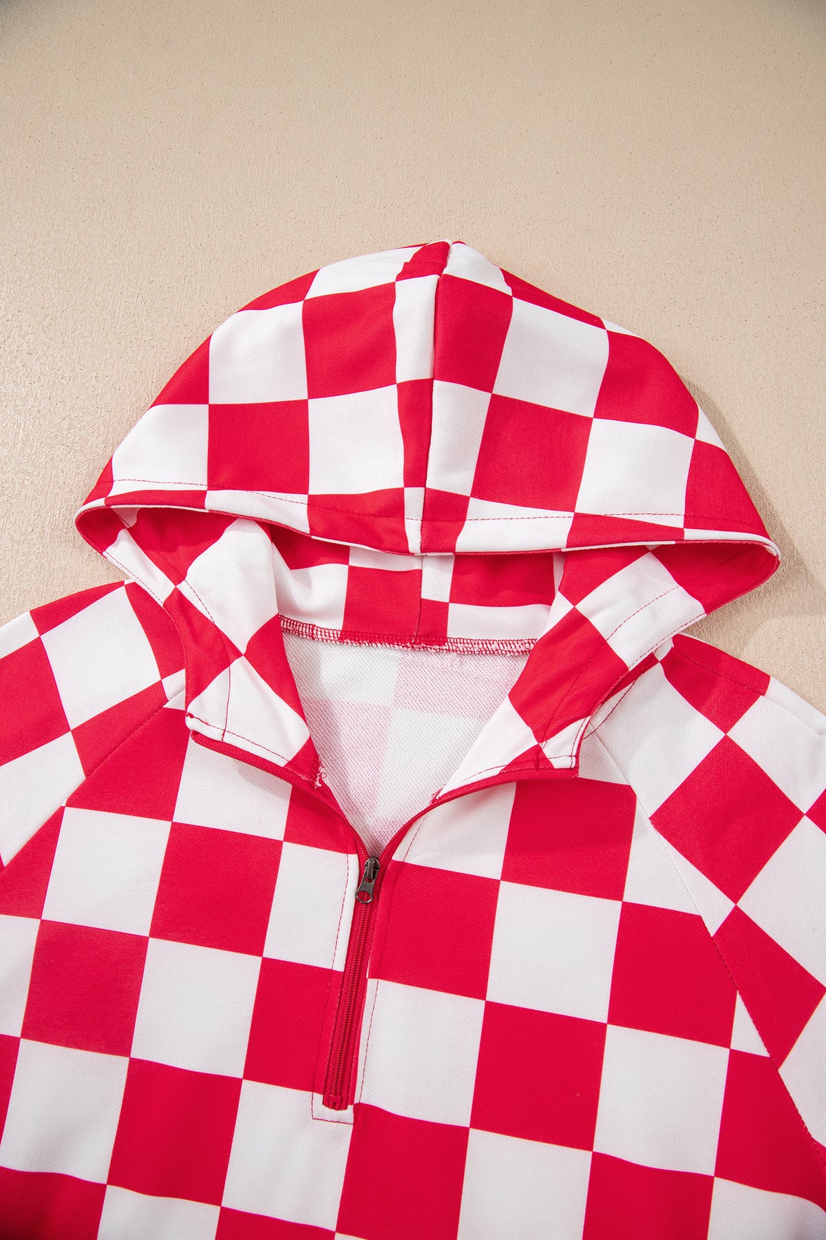 Women's Red Checkered Print Half Zip Hoodie Pants Two-Piece Set