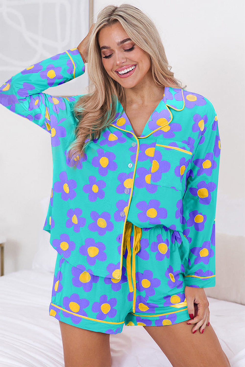 Green Flower Print Long Sleeve Shirt Shorts Pajama Set