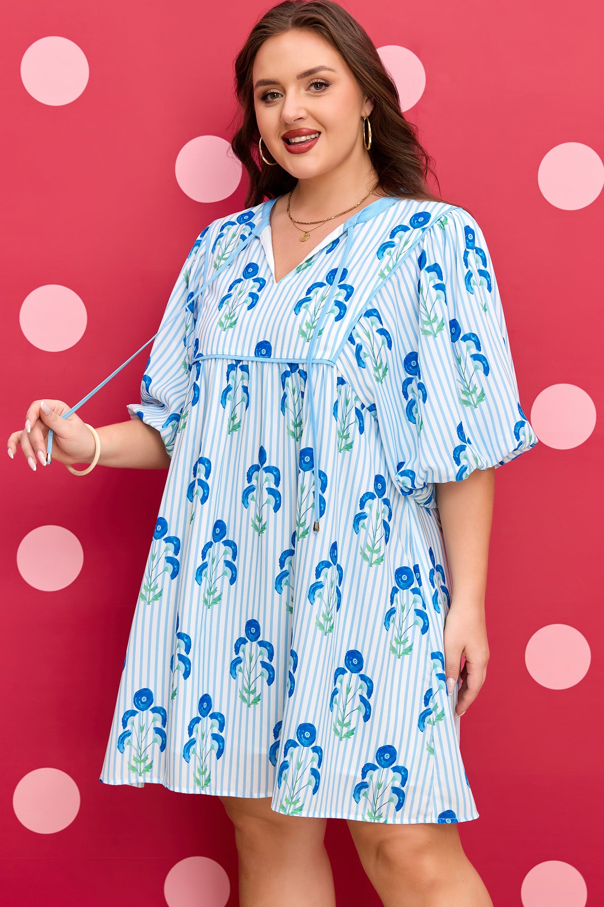 Sky Blue Floral Striped Bubble Short-Sleeve Plus Size Dress
