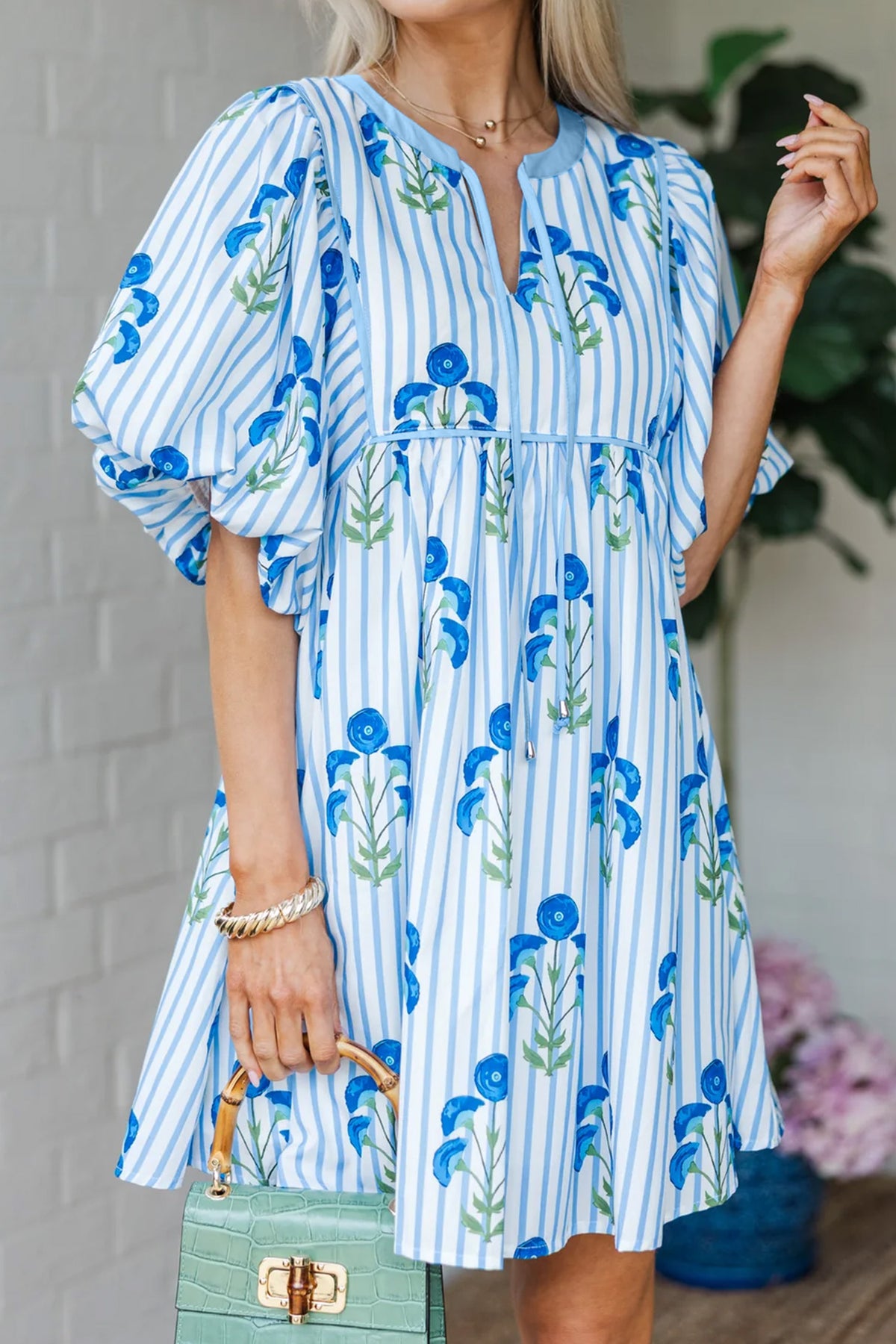 Pink Floral Striped Tie Notched Neck Puff Sleeve Flared Mini Dress