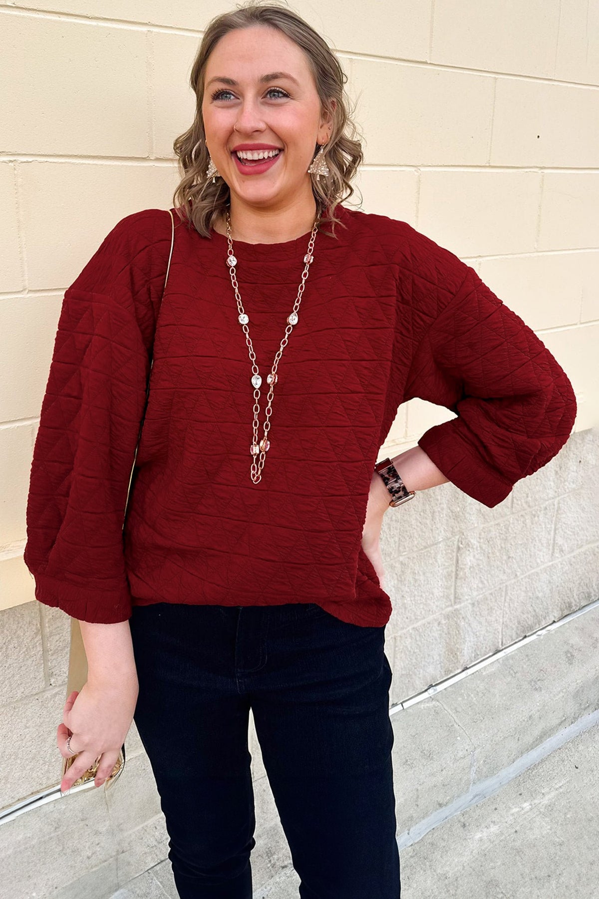 Racing Red Solid Round-Neck Tunic Adjustable Cuffs Shift Plus Size Blouse