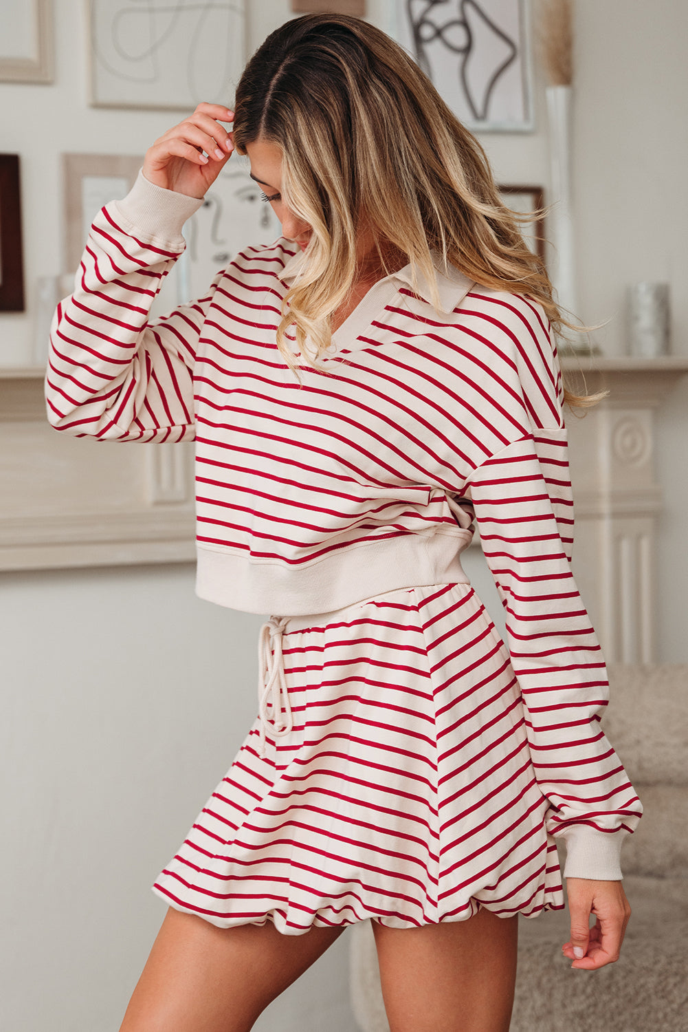 Women's Red Stripe Cropped Collared Drop Shoulder Pullover and Bubble Mini Skirt Set