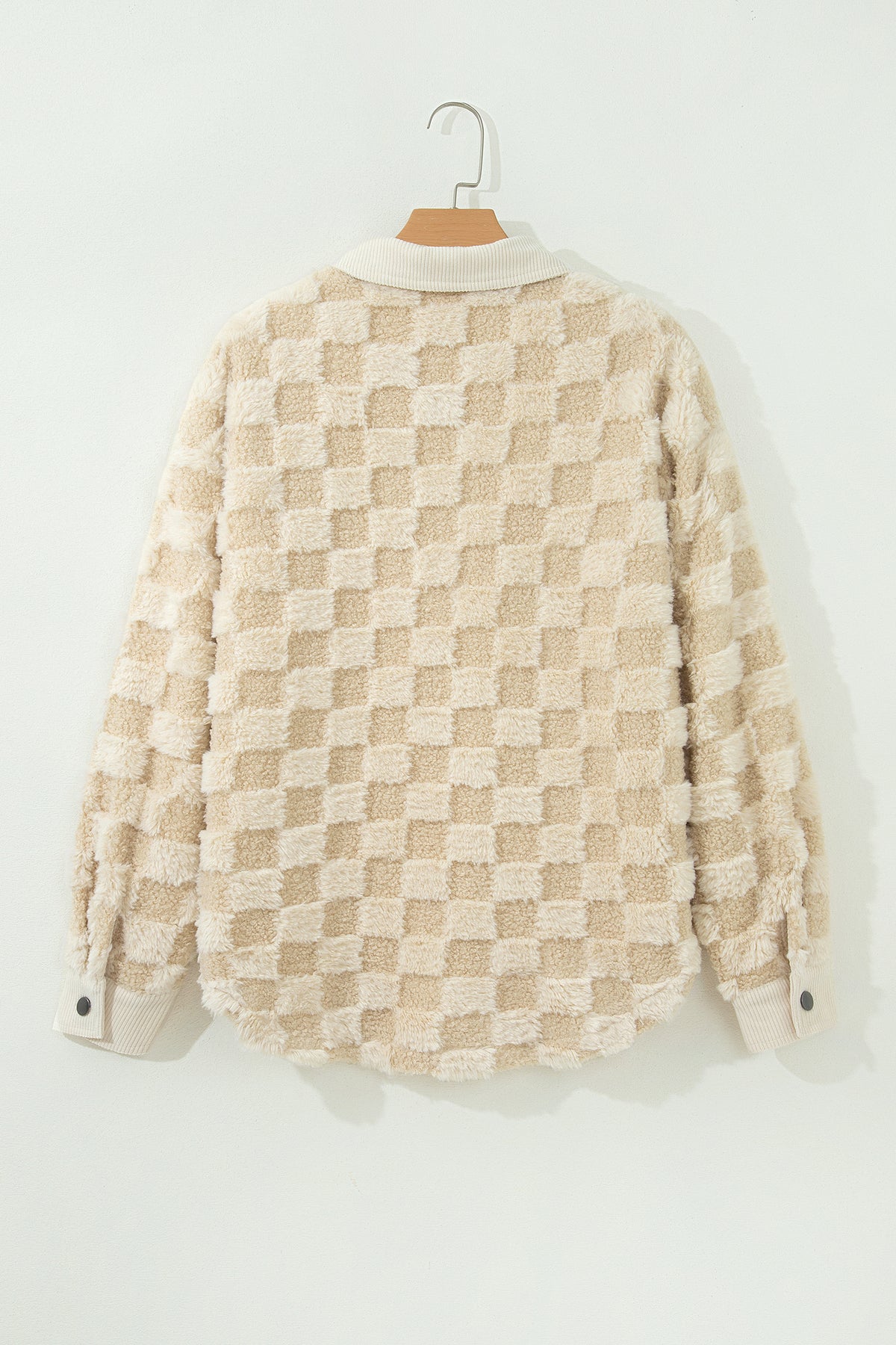Khaki Plush Checkered Corduroy Trim Metal Button Long Sleeve Shacket