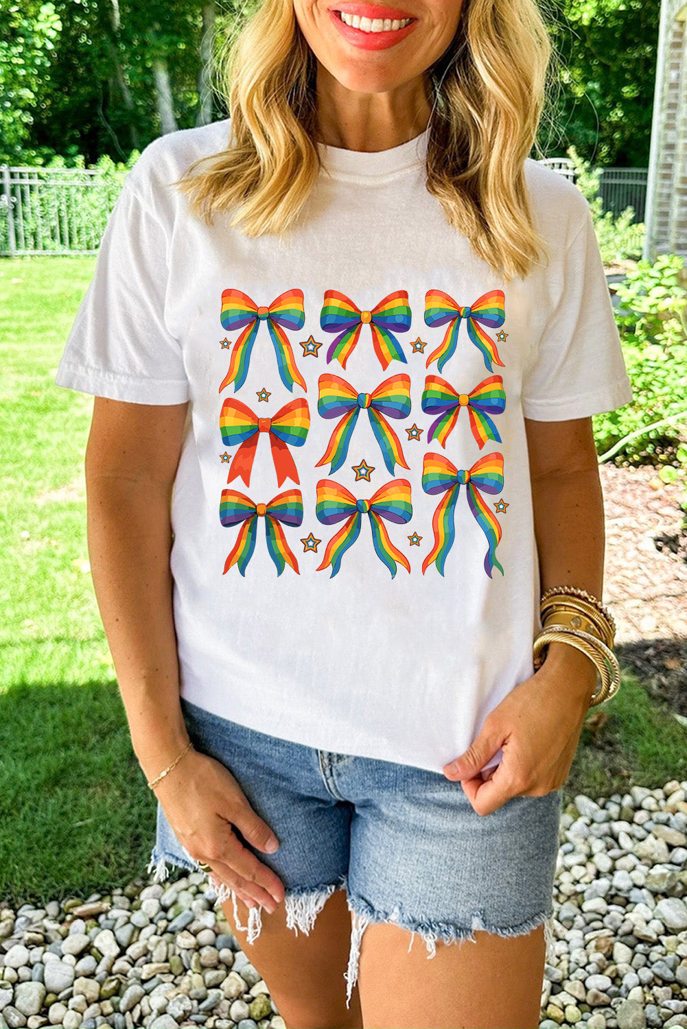 White Pride Bow Starry Print Cotton Blend T-Shirt