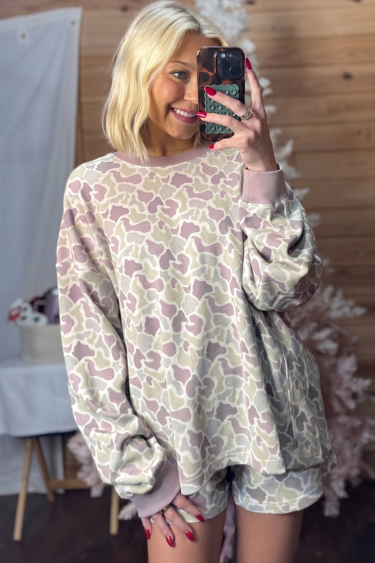Women's Green Camouflage Waffle Knit Long-Sleeve Top Casual Shorts Set