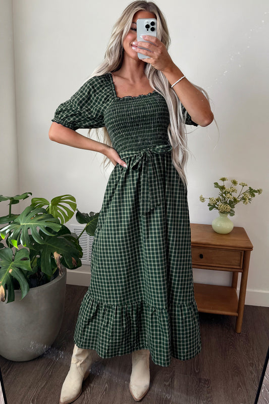 Green Plaid Ruffle Square-Neck Maxi Dress
