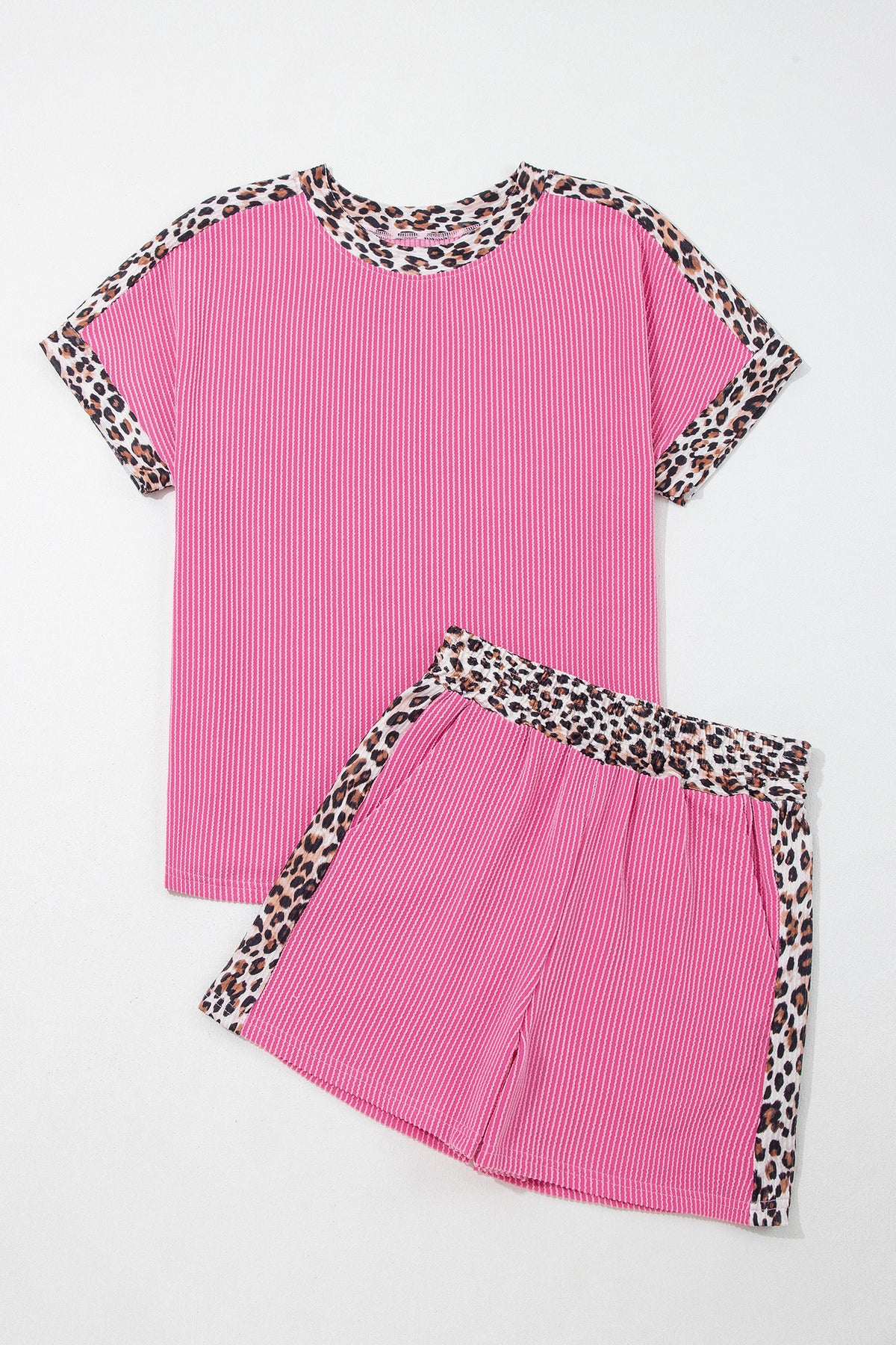 Women's Sky Blue Leopard Trim Twist Ribbed Shorts Two-Piece Set