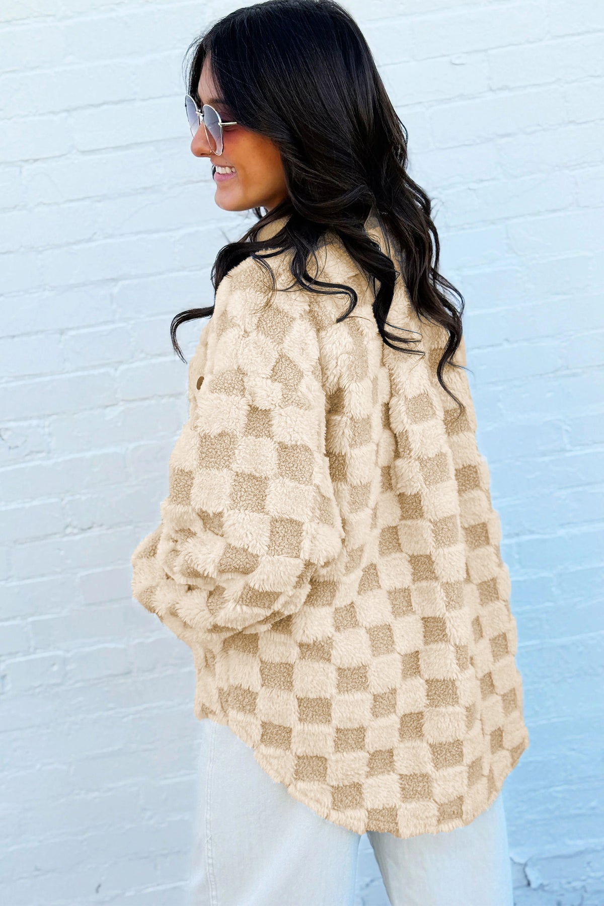 Khaki Plush Checkered Corduroy Trim Metal Button Long Sleeve Shacket