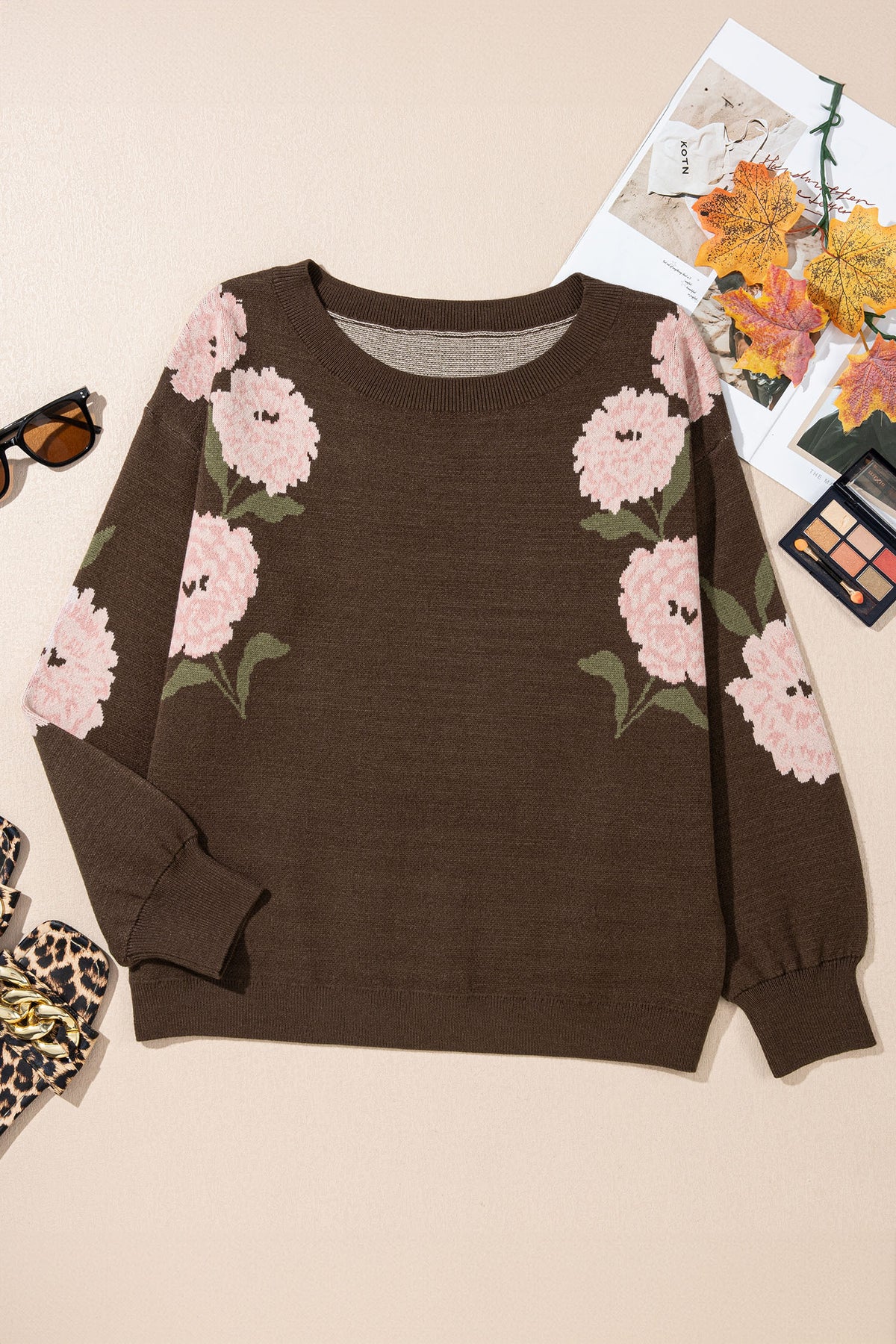Dark Brown Floral Print Drop Shoulder Relaxed Pullover Sweater