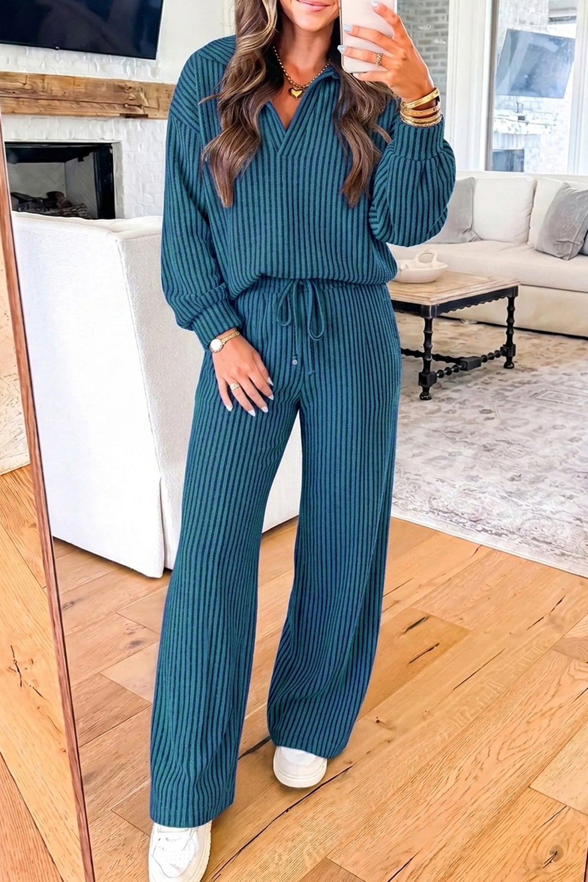 Sky Blue Ribbed Knit Collar V Neck Pullover Drawstring Waist Pants Set