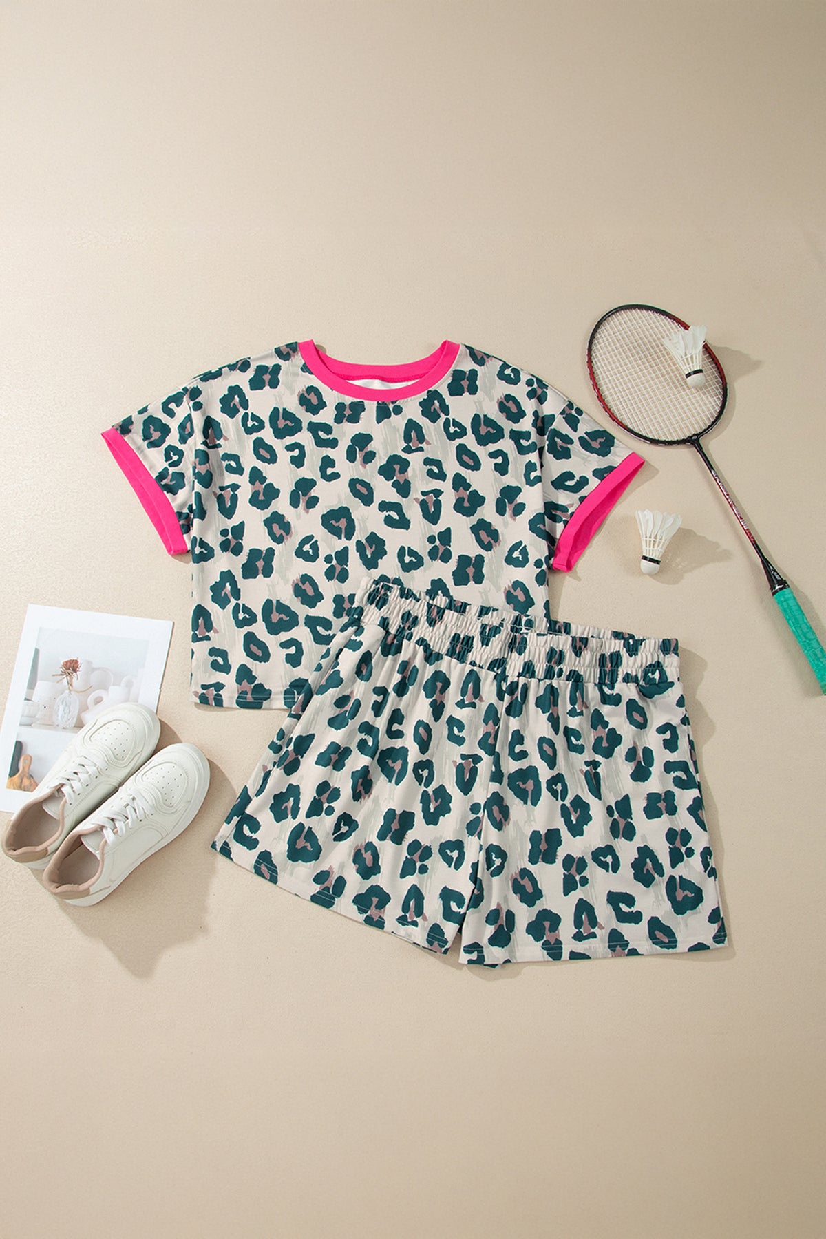 Brown Plus Size Leopard Color-Block Trim Short 2pcs Set