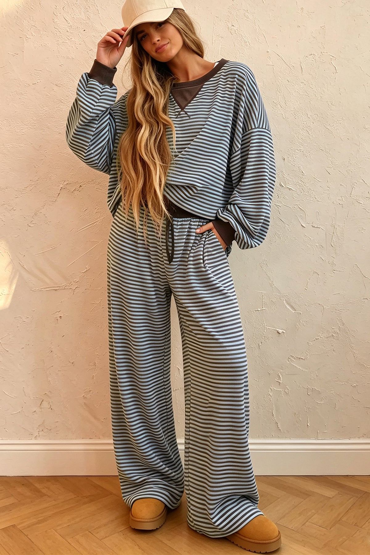 Women's Brown Stripe Drop Shoulder Top & Pants Two-Piece Set