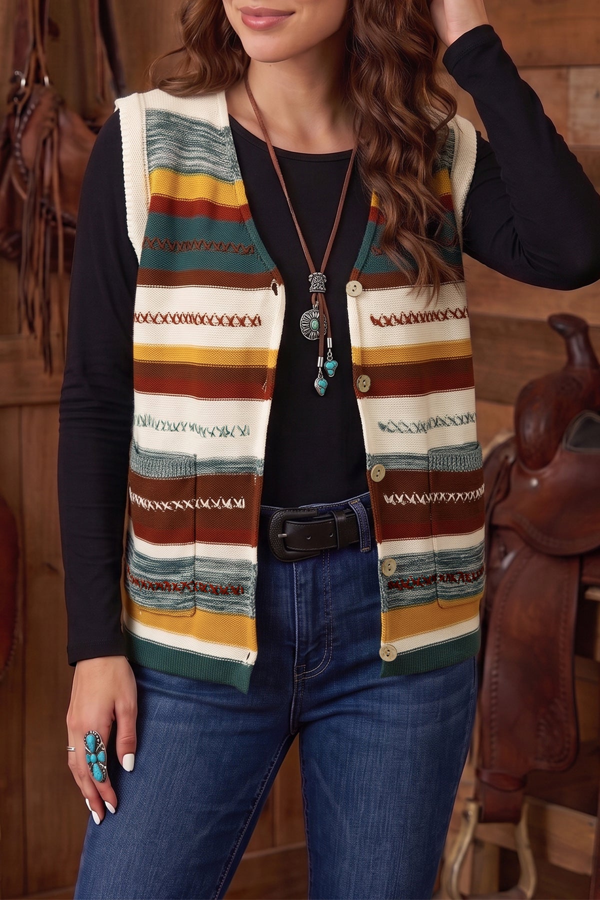 Multicolour Striped Button Front Sleeveless Knit Sweater Vest