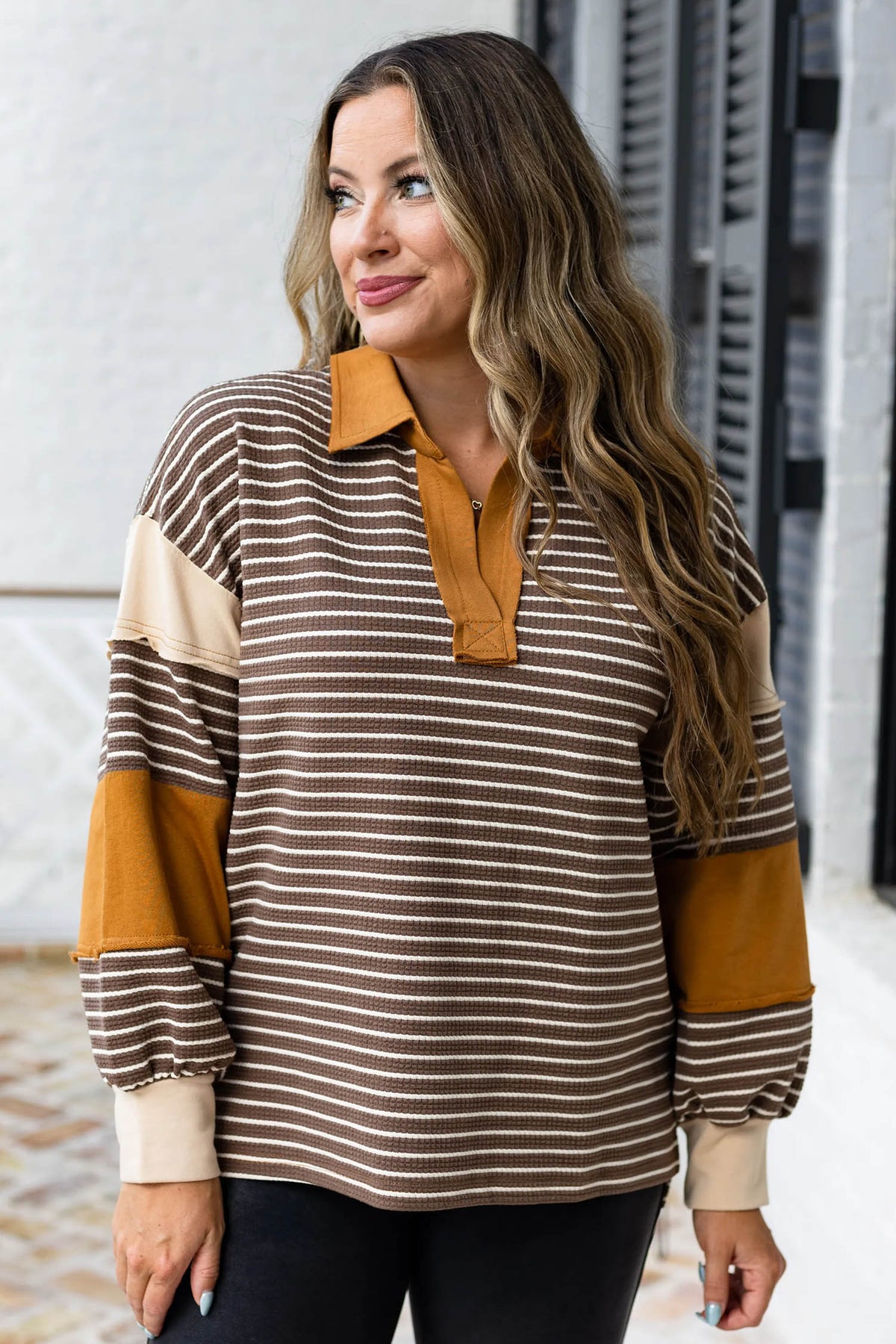 Brown Stripe Color-Block Detail Collar V-Neck Plus Size Long-Sleeve Top