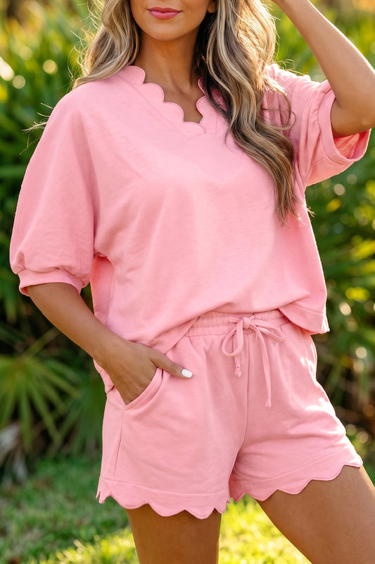Women's Gossamer Pink Scalloped V-Neck Dolman Oversize Top Shorts Two-Piece Set
