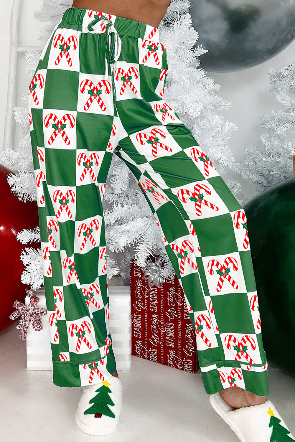 Green Holly Jolly Checkered Pattern Long Pajama Set