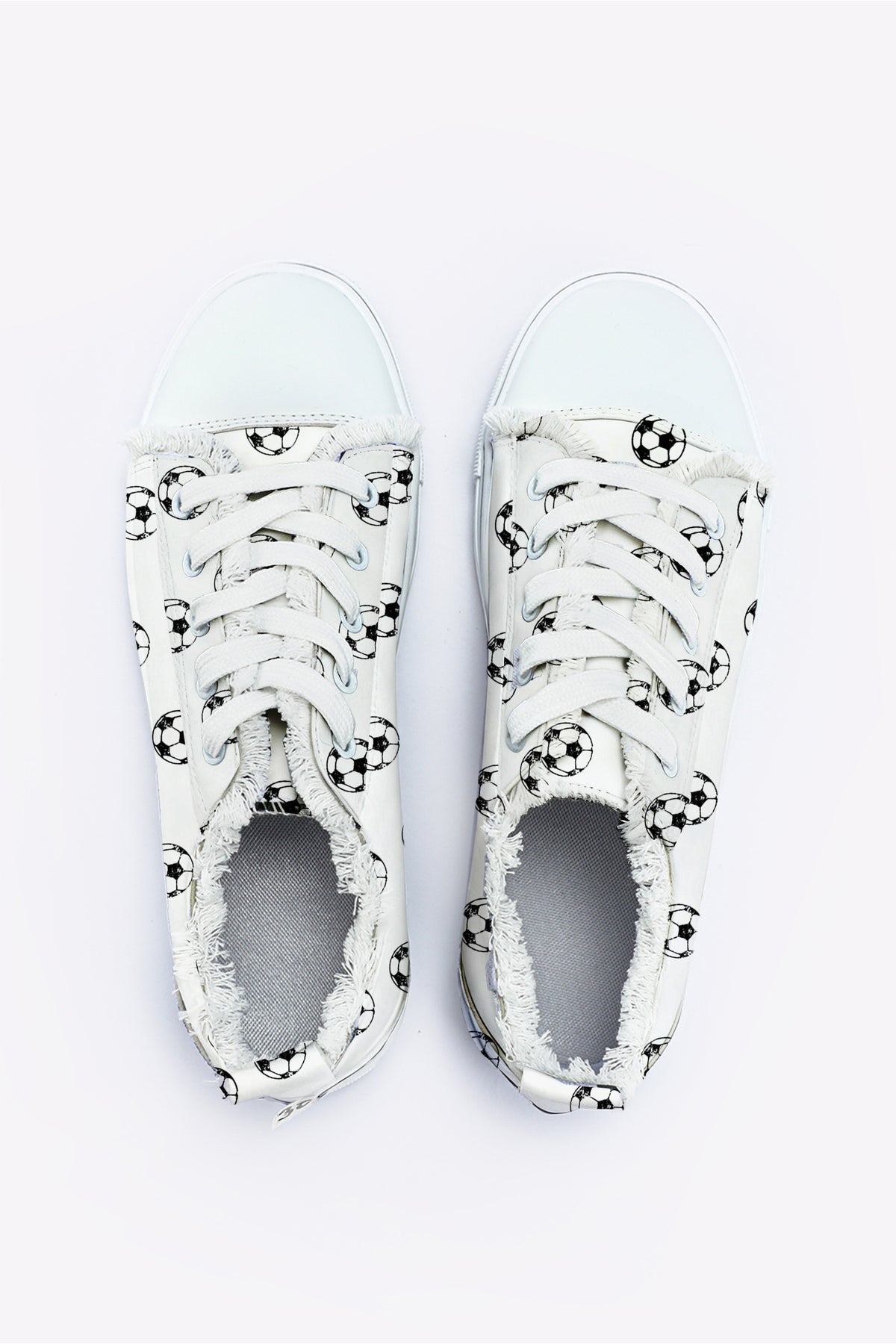 White Soccer Football Print Frayed Canvas Lace-up Sneakers