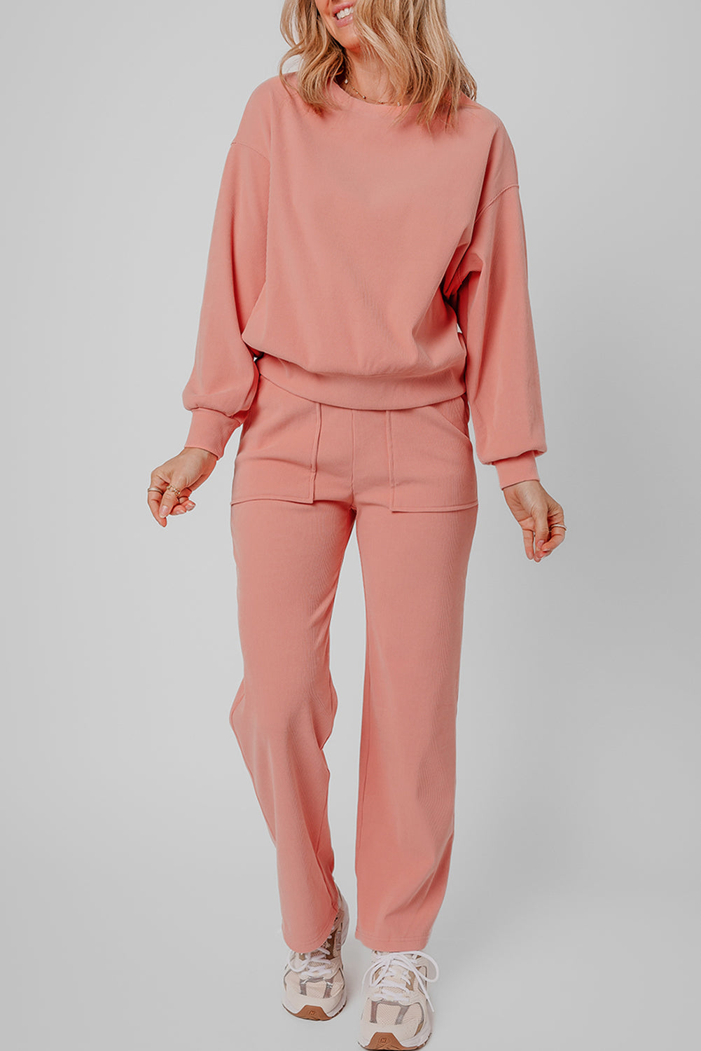 Women's Blossom Ribbed Knit Drop Shoulder Pocketed Two-Piece Lounge Set