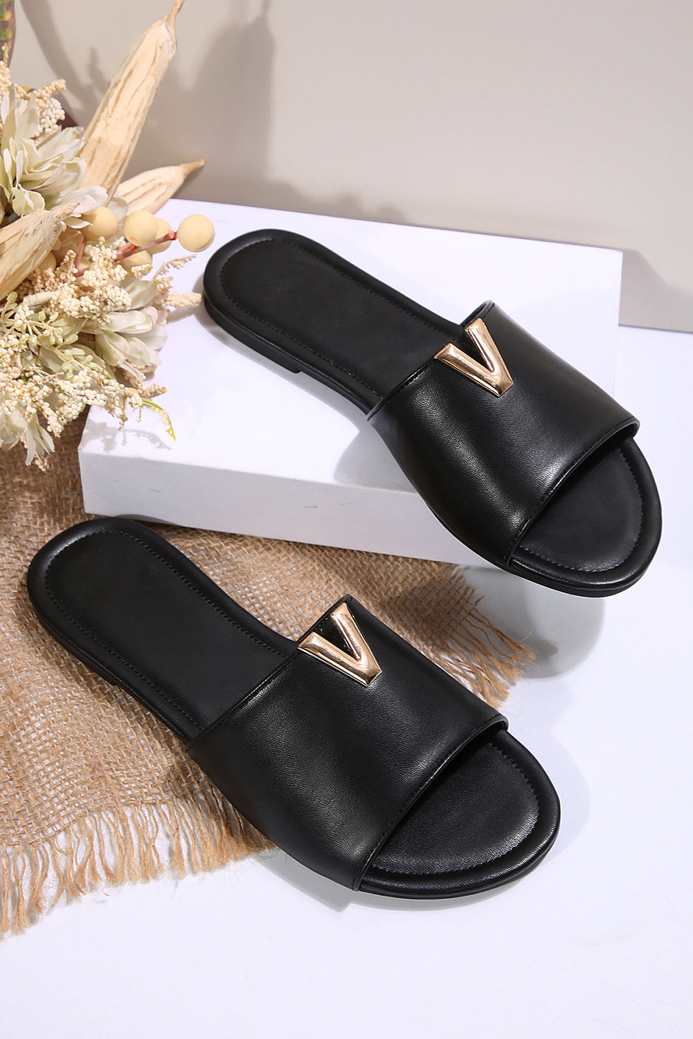 Black V Shape Metal Decor PU Leather Flat Sandals