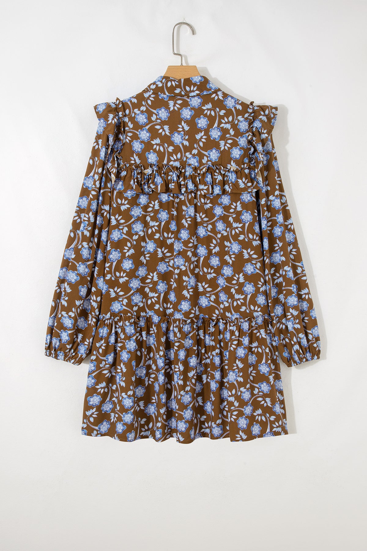 Brown Floral Print Ruffled Shirt Collar Button Down Long Sleeve Dress