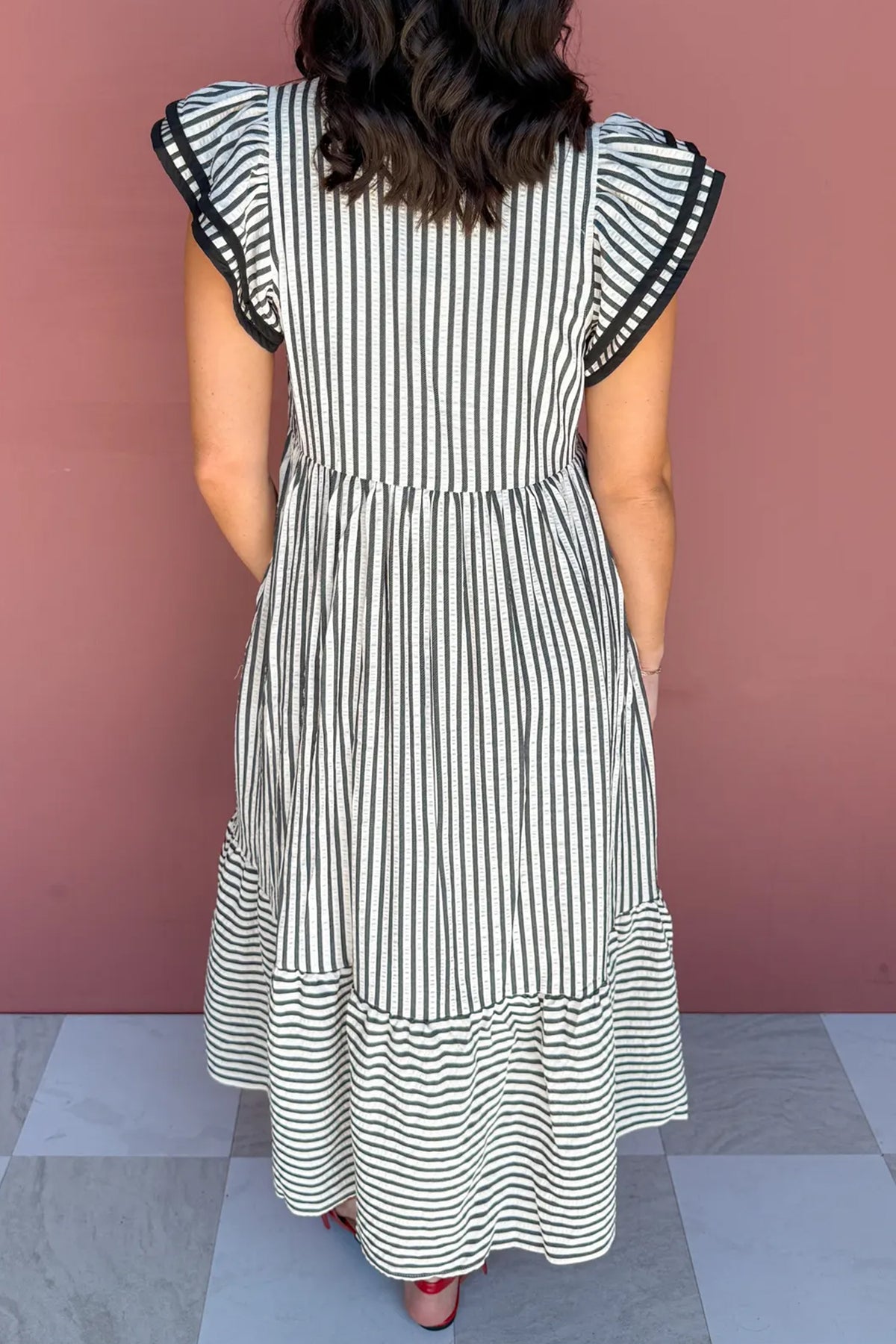 Brown Stripe Plus Size Slit V-Neck Tiered Flutter Sleeve Maxi Dress