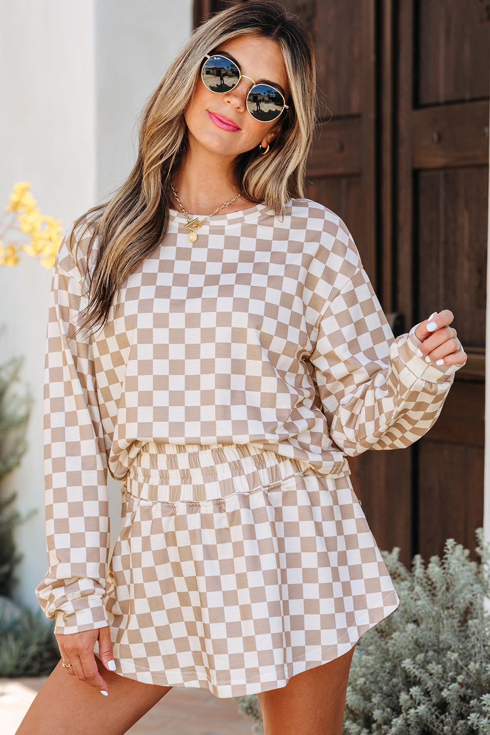 Women's Khaki Checkered Long-Sleeve Crop Top High-Waist Skort Two-Piece Set