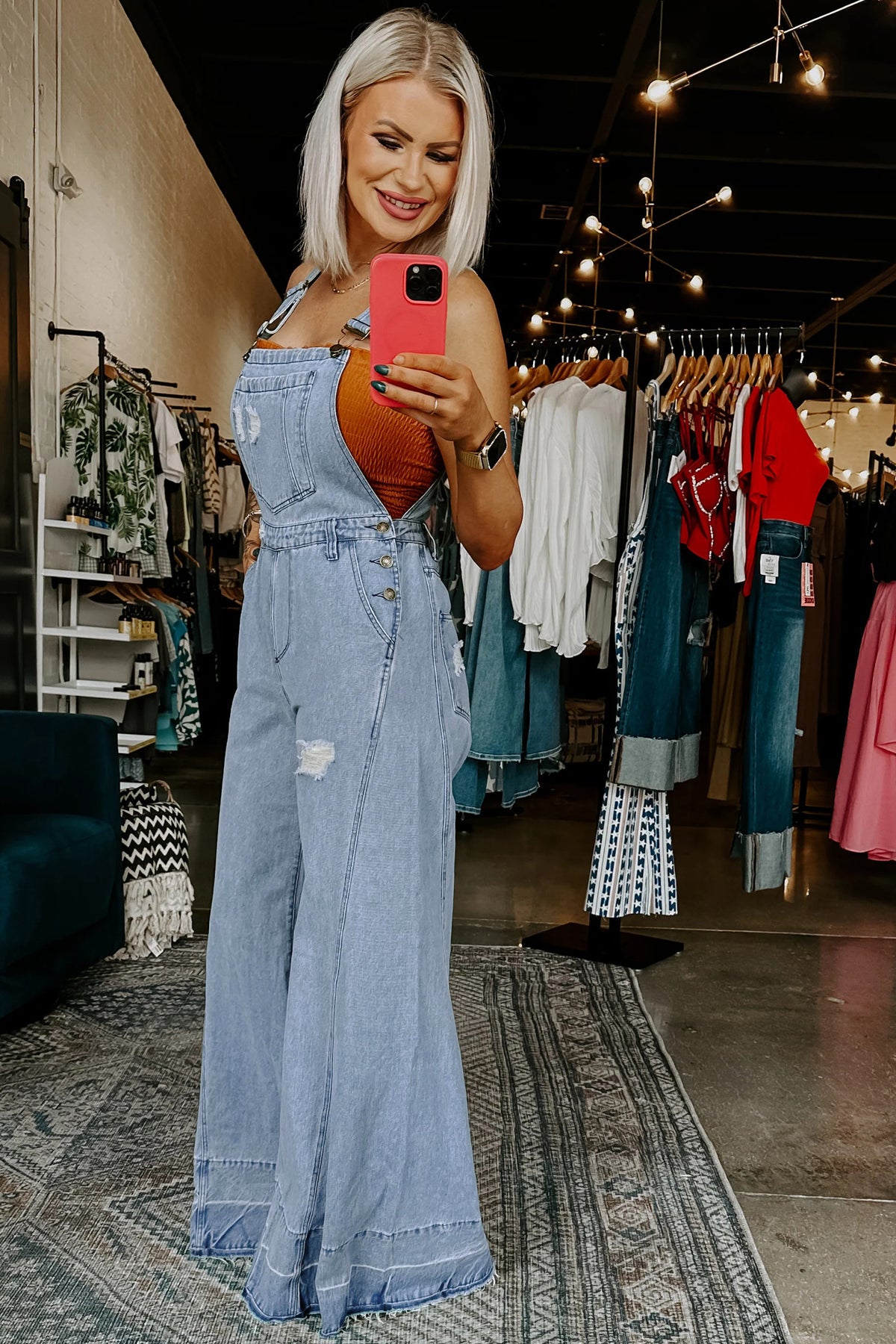 Mist Blue Retro Distressed Button Adjustable Straps Denim Jumpsuit