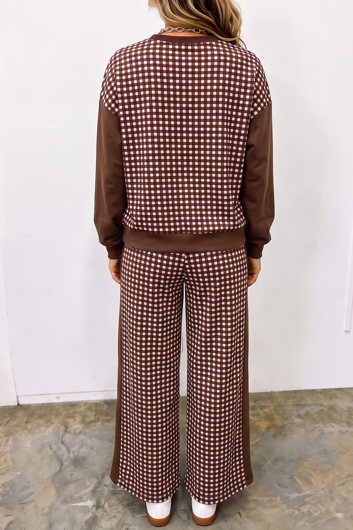 Women's Red Color Block Plaid Patchwork Long-Sleeve Pullover Wide-Leg Pants Set